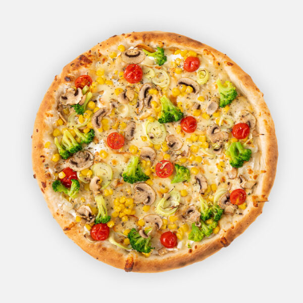 4 évszak pizza ( 32 cm) - fokhagymás-tejfölös alap, póréhagyma, kukorica, brokkoli, koktélparadicsom, füstölt mozzarella, gomba - www.pizzarello.hu